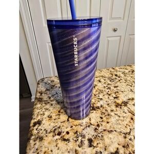 Starbucks‎ Reusable Tumbler Cup Sparkle Swirl Blue Glitter Straw Lid